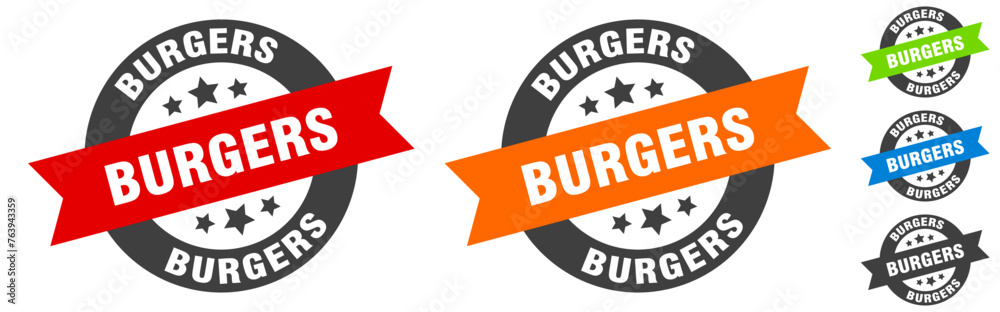 burgers stamp. burgers round ribbon sticker. tag