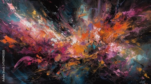 An abstract painting featuring a dynamic burst of colors, evoking a sense of movement and raw emotion with chaotic brushstrokes.
