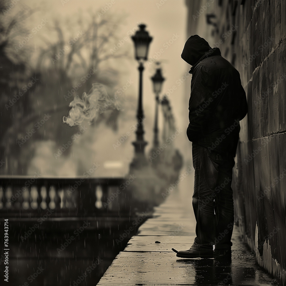 In a silent street, under the cloudy sky, stands a solitary man. His picture conveys a deep sadness, as if all his hopes were washed away with the last rain. He leaned against a cold wall, one leg res In a silent street, under the cloudy sky, stands a solitary man. His picture conveys a deep sadness, as if all his hopes were washed away with the last rain. He leaned against a cold wall, one leg res
