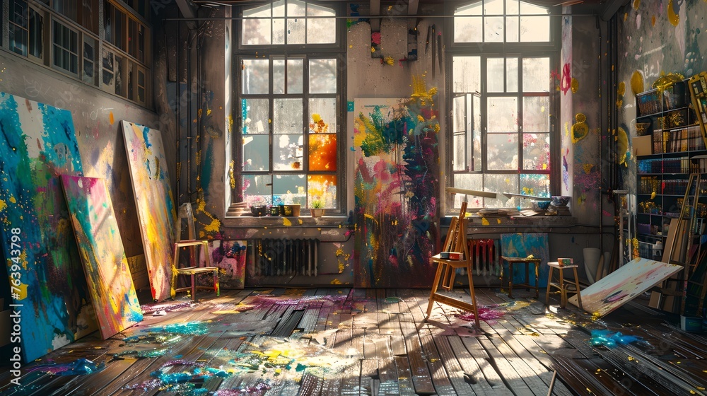 Creative Chaos: An Artist's Sunlit Studio Brimming with Colorful Canvases and Paint Splatters