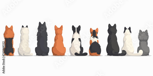 Illustrazion Gruppo di cani seduti in fila, visti da dietro  linea , Molte razze di animali domestici,  Illustrazione  piatta isolata su sfondo biancoe vettoriale piatta isolata su photo