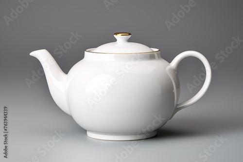 a white teapot with a gold rim