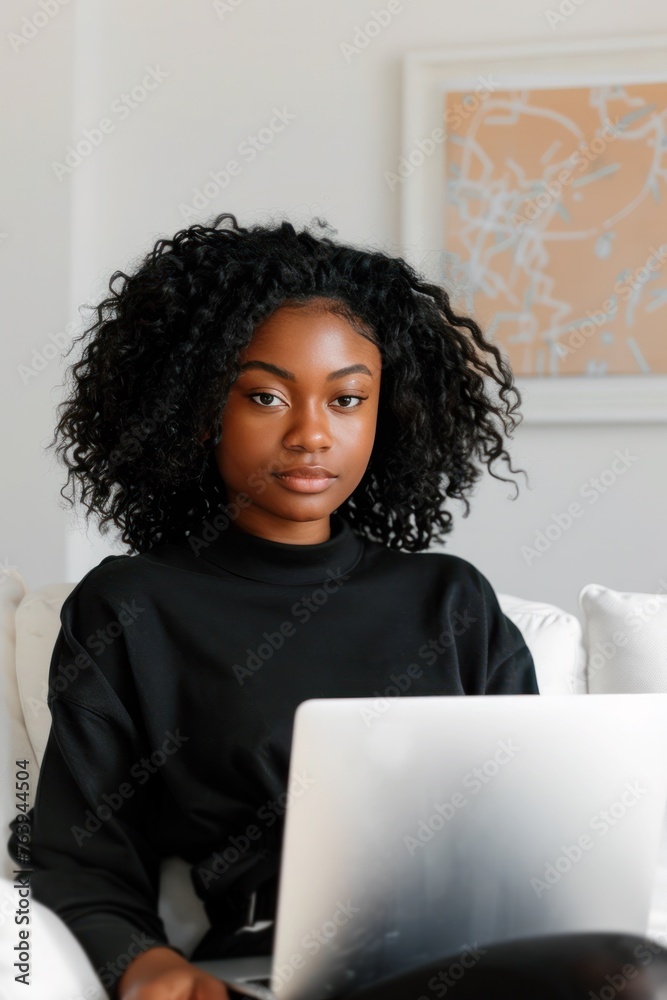 young african american business woman using laptop sitting on a couch, busy professional black female entrepreneur holding computer, looking to camera young african american business woman using laptop sitting on a couch, busy professional black female entrepreneur holding computer, looking to camera