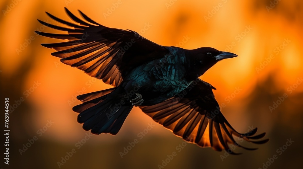 Obraz premium A majestic bird soars through the air, its wings outstretched gracefully against the vivid colors of a setting sun, emanating an aura of freedom