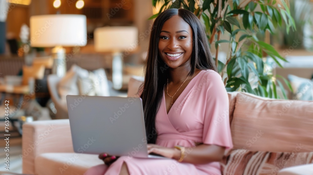 young smiling african american business woman in pink dress using laptop sitting on a couch in the hotel lobby with green plants. busy professional black female entrepreneur holding computer young smiling african american business woman in pink dress using laptop sitting on a couch in the hotel lobby with green plants. busy professional black female entrepreneur holding computer