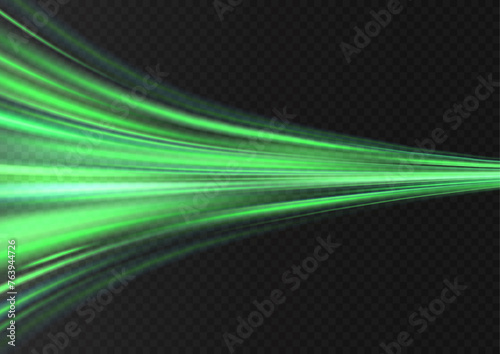 Green glowing shiny lines effect vector background. Luminous white lines of speed. Light glowing effect. Light trail wave, fire path trace line and incandescence curve twirl.