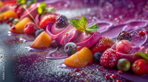 Assorted berries in a vibrant splash of fruit sorbet. Dynamic close-up of mixed fruits with vivid colors. Design for culinary poster or food advertisement. Macro shot with a focus on freshness