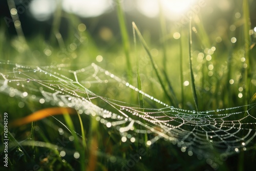 Dewy Spider Web on Green Grass © Julia Jones