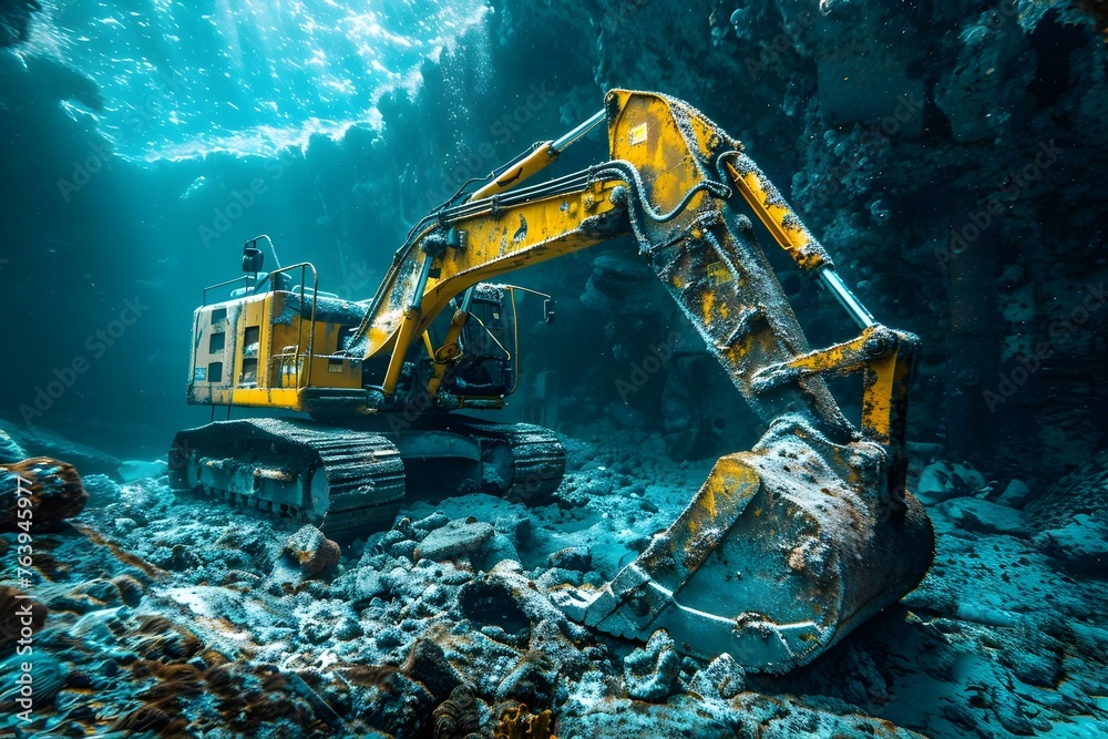 Excavator operates in underwater setting with mine in Pacific environment. Concept Underwater Excavator, Pacific Mines, Deep Sea Machinery, Marine Construction, Underwater Operations Excavator operates in underwater setting with mine in Pacific environment. Concept Underwater Excavator, Pacific Mines, Deep Sea Machinery, Marine Construction, Underwater Operations