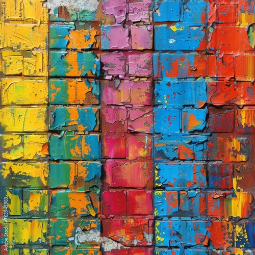 A close-up view of a colorful textured painting with raised, block-like elements, resembling a vivid urban wall