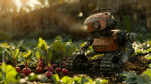 Robot harvesting radishes in sunlight, Yellow robot harvesting radishes in sunlight, Generative Ai