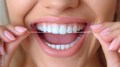 Close-Up of Flossing White Healthy Teeth
