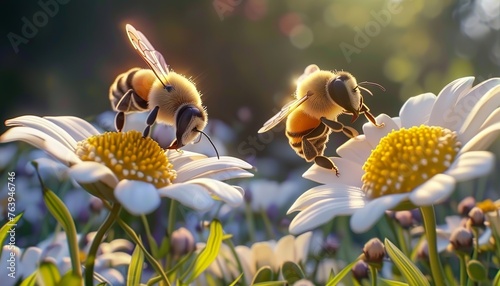 3D miniature illustration of two cool and cute cartoon style bees sitting on flower petals drinking necta photo