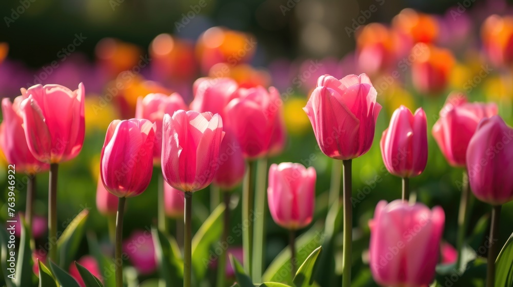 Vibrant pink tulips in spring bloom. Nature and beauty concept.