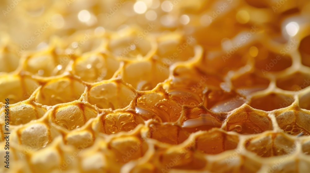 Macro shot of golden honeycomb. Close-up of honey cells with honey.