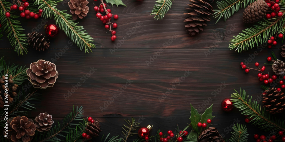 Christmas background on dark brown wooden texture, Christmas decorations with pine cones and red berries, gift boxes ,green binary bells on black wood background, Top view, copy space for text,banner
