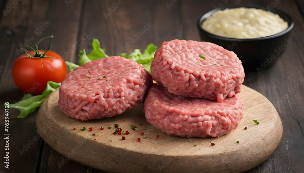 Raw Ground beef meat Burger steak cutlets on wooden background Raw Ground beef meat Burger steak cutlets on wooden background