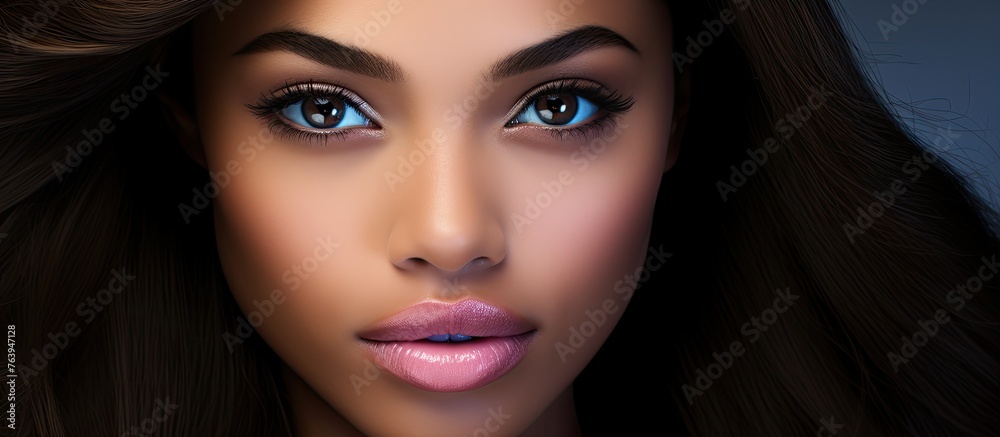 An image featuring a female model with lengthy brown hair and striking blue eyes, exemplifying natural beauty An image featuring a female model with lengthy brown hair and striking blue eyes, exemplifying natural beauty