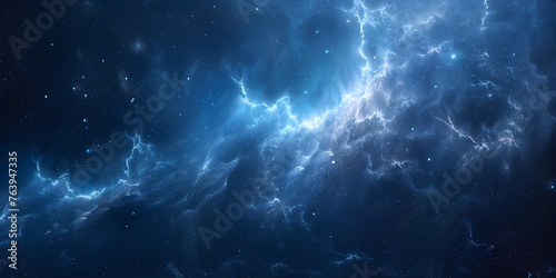 Blue abstract with fire particles flying nebula amid sunlit stars industrial milky way with stardust shining star
