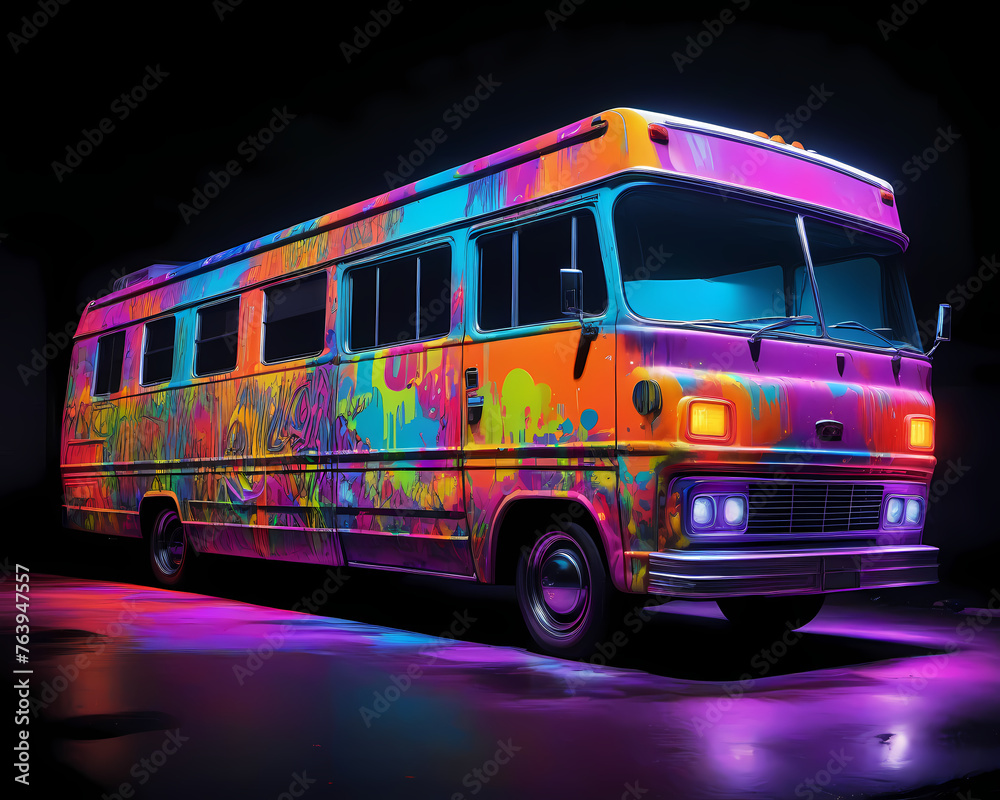 Naklejka premium colorful and bright vehicle, bus, coach made of neon lights, glowing in the dark, vibrant colors, graffiti art, splash art, street art, spray paint