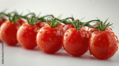 Fresh cherry tomatoes on vine with water droplets. Organic produce concept