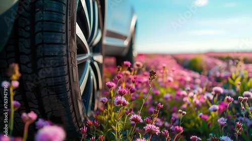  A car on summer tires in a flowering field. Summer tires concept. Change of season. summer tires