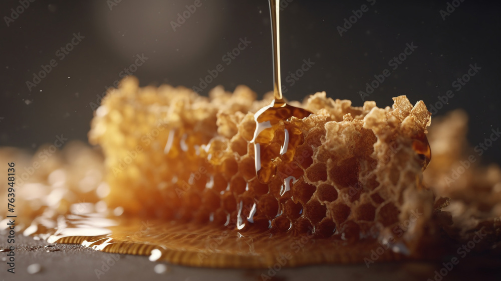 hyperrealistic honey comb , dripping glistening honey сreated with ...
