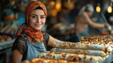 Smiling woman in traditional headscarf at bakery.