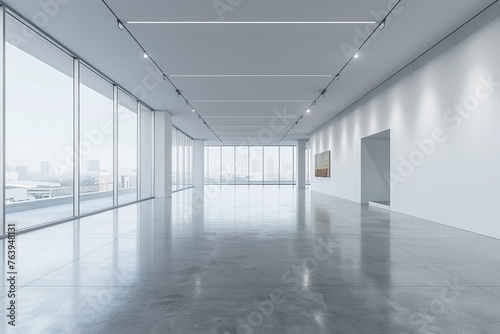 Modern empty gallery space with minimalist design and natural light