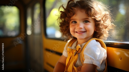 Adorable smiling little school girl getting ready to board school bus for back-to-school season