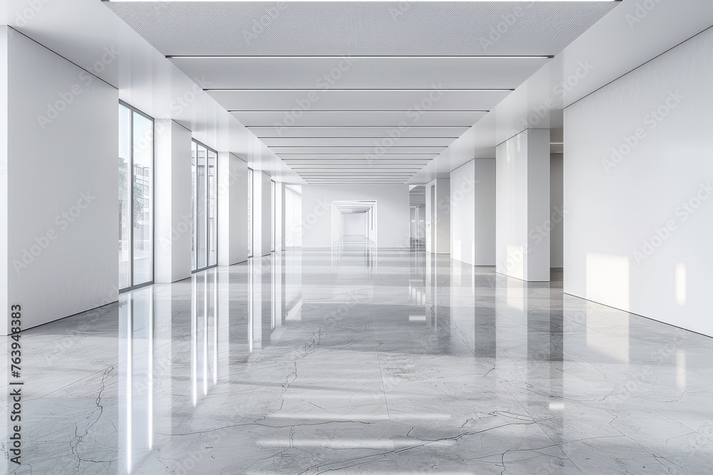 Elegant minimalist gallery space with natural light and reflective marble floor