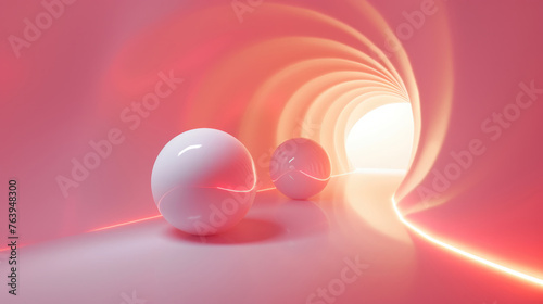 Abstract white spheres in a pink tunnel with light at the end.