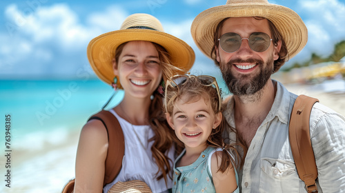 Portrait of happy family of three at tropical beach during summer vacation