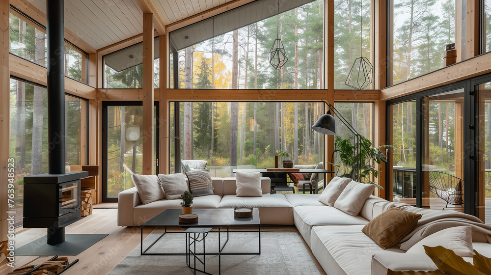 modern living room with panoramic views in the forest