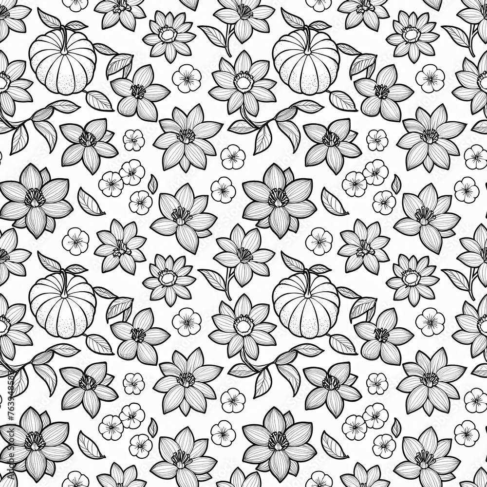 Seamless line pattern with flowers