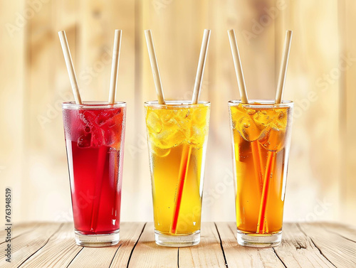 Three color fresh drink in tall glass with bamboo straw.