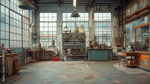 Vintage glassblowing studio with furnaces and artisan tools