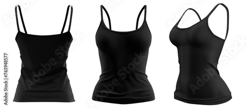 Set of woman black, front, back and side view Spaghetti thin strappy Strap Camisole tank cami Top on transparent background cutout, PNG file. Mockup template for artwork graphic design photo