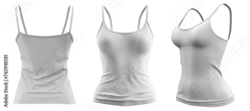 Set of woman white, front, back and side view Spaghetti thin strappy Strap Camisole tank cami Top on transparent background cutout, PNG file. Mockup template for artwork graphic design photo