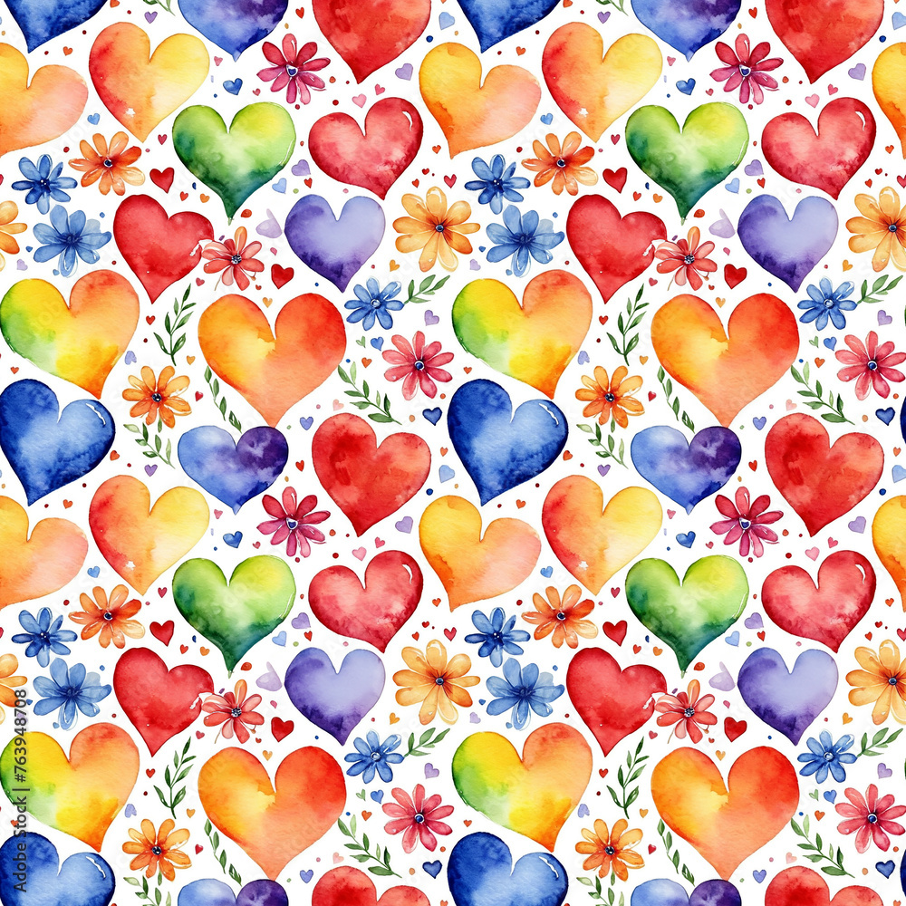 Seamless abstract watercolor love pattern with multicolored hearts