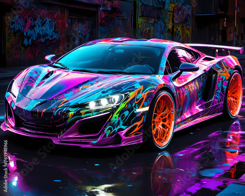 colorful and bright vehicle, sportscar made of neon lights, glowing in the dark, vibrant colors, graffiti art, splash art, street art, spray paint