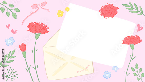 Carnation background frame inspired by Mother's Day, cute hand drawn illustration / 母の日をイメージしたカーネーションの背景フレーム、かわいい手描きイラスト photo