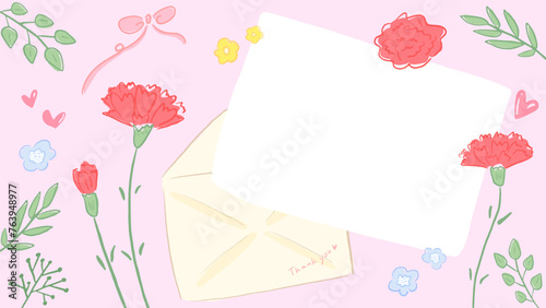 Carnation background frame inspired by Mother's Day, cute hand drawn illustration / 母の日をイメージしたカーネーションの背景フレーム、かわいい手描きイラスト