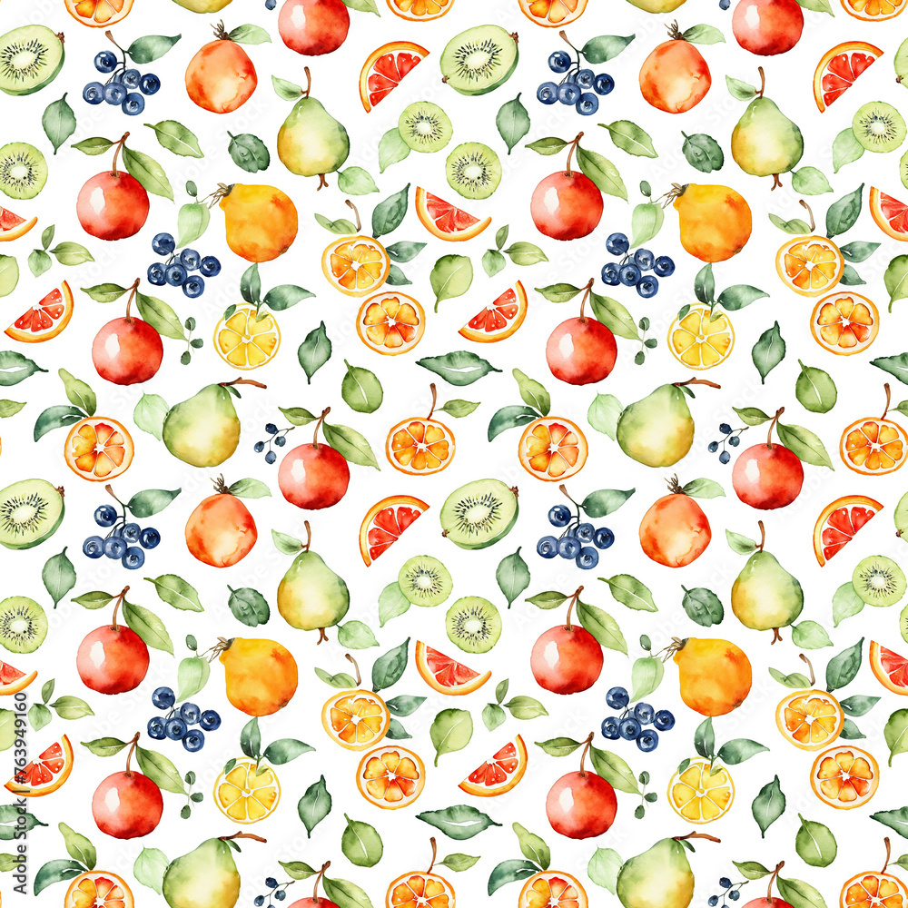 Seamless abstract watercolor pattern with flowers and fruits