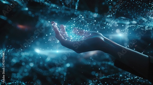 Big Data idea. neural network in digital form.Businesswoman s hand making contact the release of artificial intelligence. Future Cyberspace.Technology innovation and science.