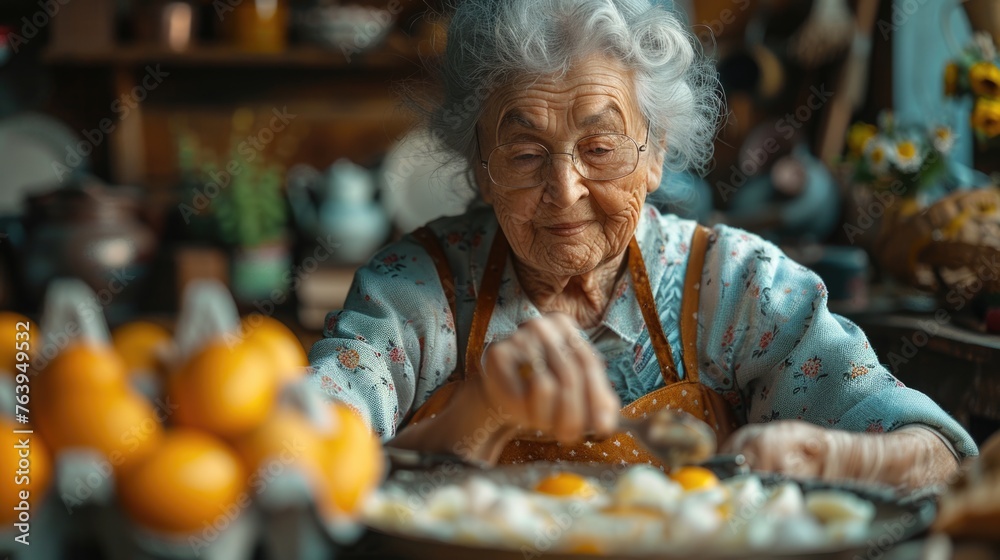 Elderly woman preparing eggs with a rustic kitchen backdrop.