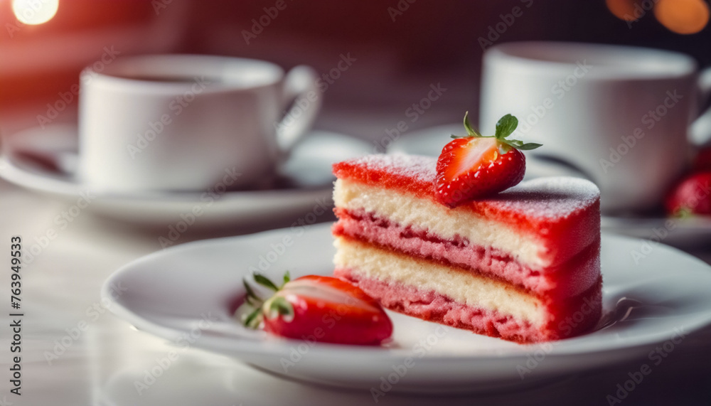 Delizia Romantica- Torta a Cuore con Fragole Accompagnata da una Tazza di Caffè Delizia Romantica- Torta a Cuore con Fragole Accompagnata da una Tazza di Caffè
