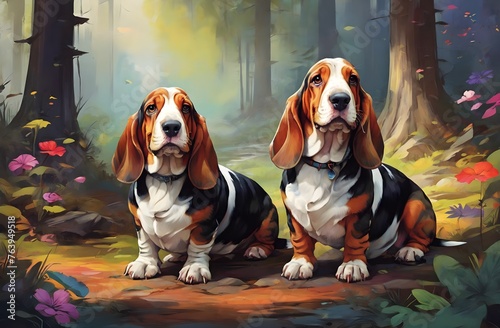 Basset Hound sniffs through the technicolor forest, ears aflutter with curiosity