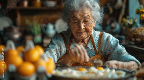 Elderly woman preparing eggs with a rustic kitchen backdrop.