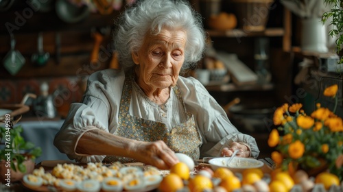 Elderly woman preparing deviled eggs in a rustic kitchen setting.